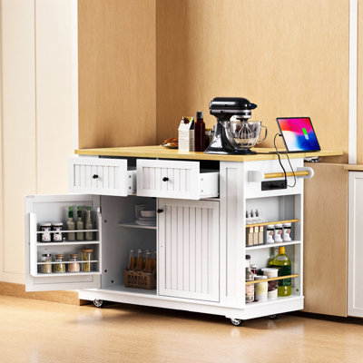 Grand îlot de cuisine de 48 po avec prise de courant, rallonge, tablettes et roulettes, blanc