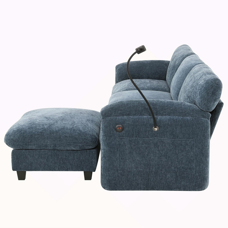 Canapé modulaire de 108 po en forme de L avec coussin de siège extra large de 31,5 po, chargeur USB et de type C, support de téléphone et 2 poches de rangement latérales, repose-pieds à mouvement libre, chenille rayée