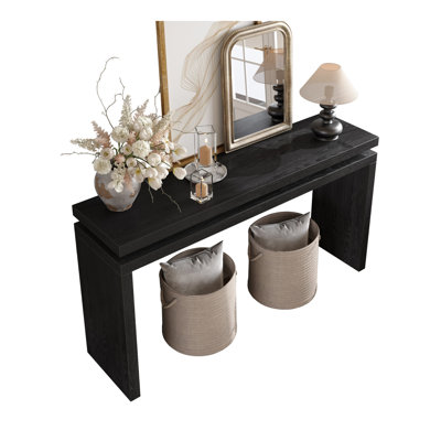 60'' Black Farmhouse Console Table - Retro Wooden Entryway Table With Double Board Suspension Design, Solid Wood & MDF, Sofa Table For Living Room