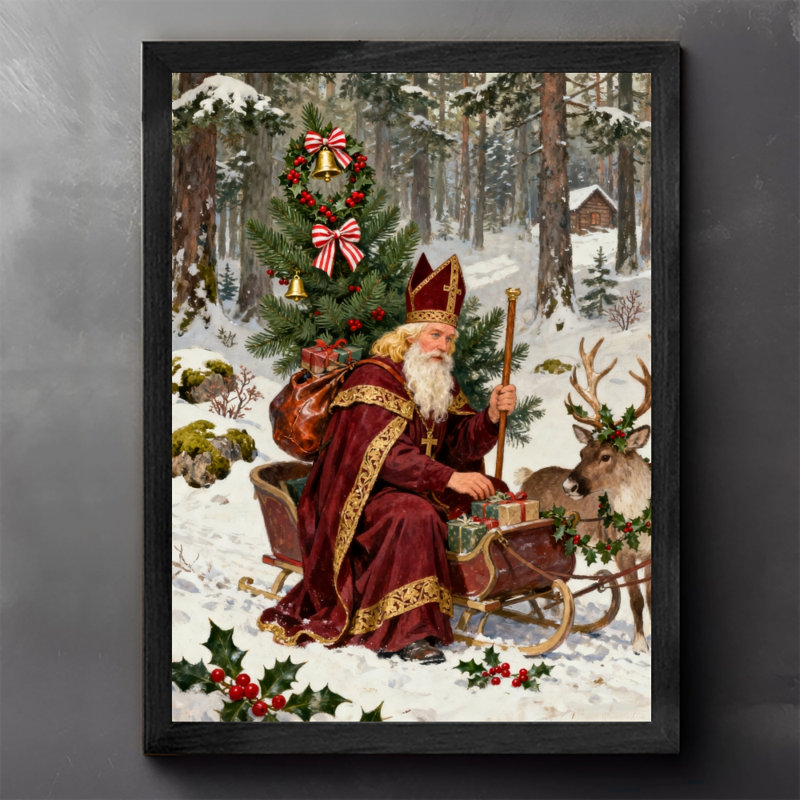 Art mural rétro noir avec père Noël et arbre de Noël, impressions de style rétro, H 25 po x l 17 po