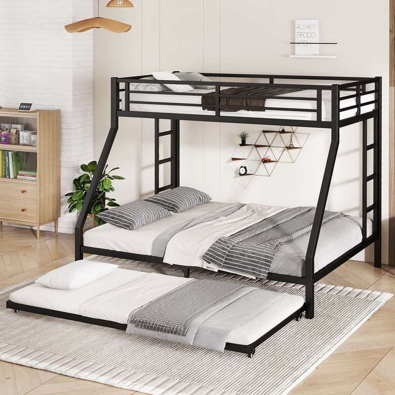 Twin XL Over Queen Metal Bunk Bed with Twin Trundle, Space-Saving, Black