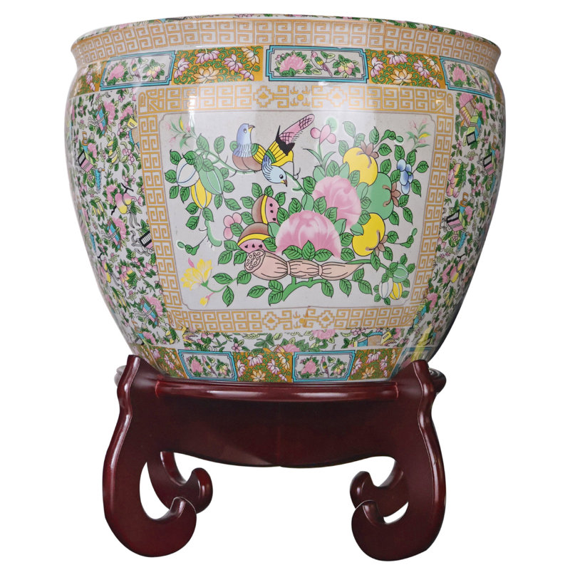 Floral painting pot cover with Asian floral pattern with pink medallion, H 13 po x l 16 po x P 16 po