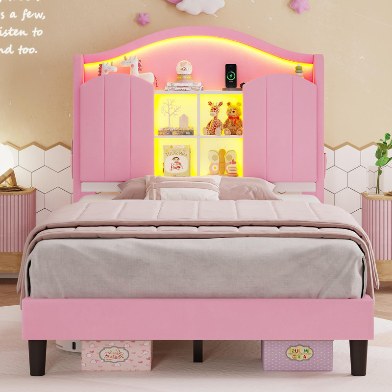 Twin Bed With Upholstered Storage Headboard, Princess Twin Platform Bed With Led Lights & Charging Station,No Box Spring Needed,Noise-Free