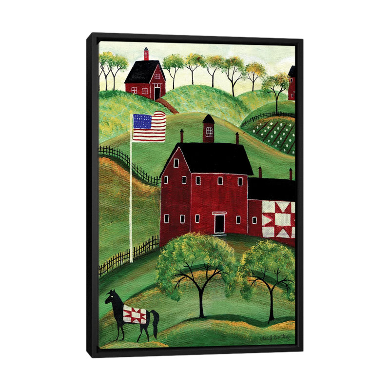 " American Red Quilt House " by Cheryl Bartley, 26" H x 18" W x 1.5" D, No Mat, Black Framed