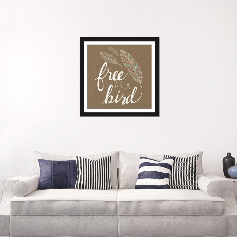 « free as a oiseau », art textuel sur toile tendue, Papier avec cadre noir, L 24 po x H 24 po x P 1 po, Blanc