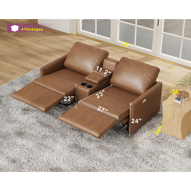 Latitude Run Power Recliner, Leather Loveseat Recliner Couch with Cup Holder& Charging Socket