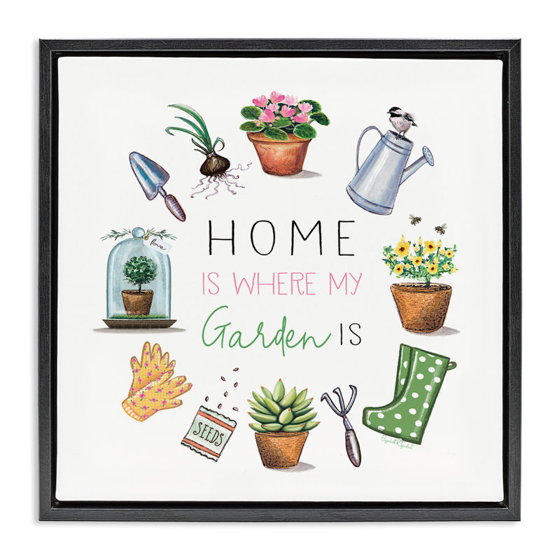 «Home Where Garden Is», art mural encadré par Elizabeth Tyndal, H 18 po x l 18 po, Cadre flottant gris lustré