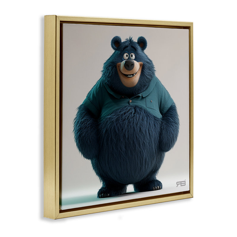 Ours noir avec t-shirt encadré doré sur toile flottante par RB, Cadre flottant métallique doré, H 18 po x l 18 po
