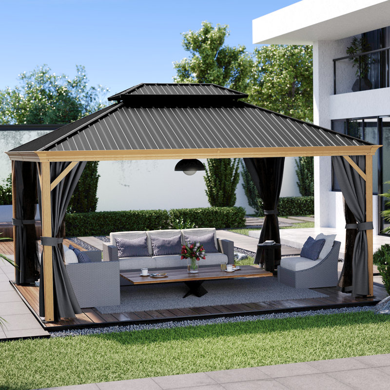 Pavillon de jardin en aluminium, Noir, l 12 pi x P 16 pi, Grain du bois