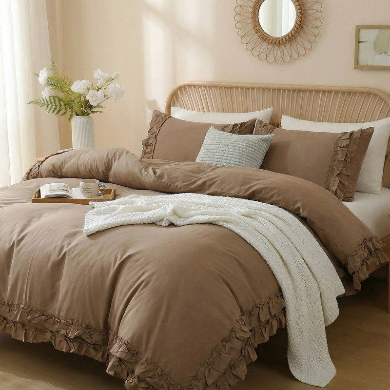 Housse de couette 100% coton, Housse de couette très grand et 2 taies d'oreille, Marron foncé