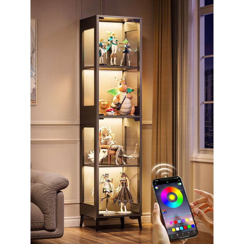 67'' Modern Glass Display Cabinet with Adjustable Shelves, RGB LED Lights & Remote Control, Small-Space Storage Solution