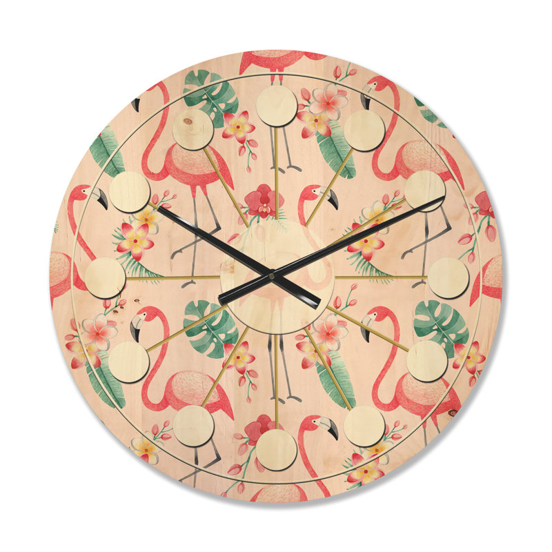 Horloge murale en bois Tropical Botanicals, Flowers and Flamingo II, Moyenne