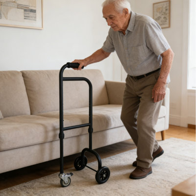 Rolling Side Walker Adjustable Height Lift Stand Assist Aid with 3 Wheels and Foam Handle for Elderly