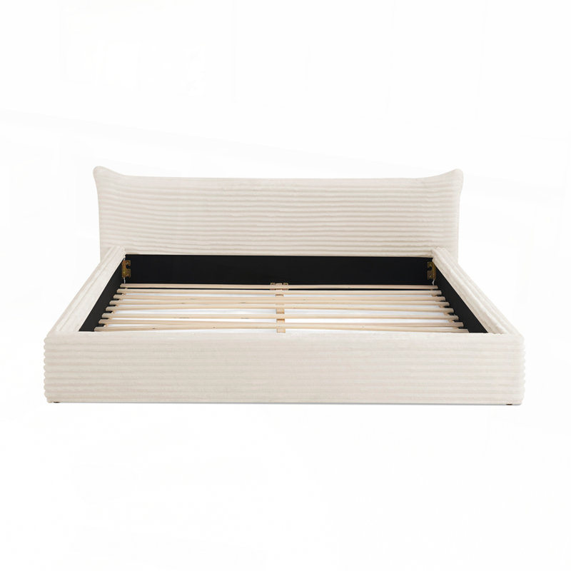 Structure de lit rembourrée avec plateforme plissée en chenille et base solide en tissu chenille, Beige