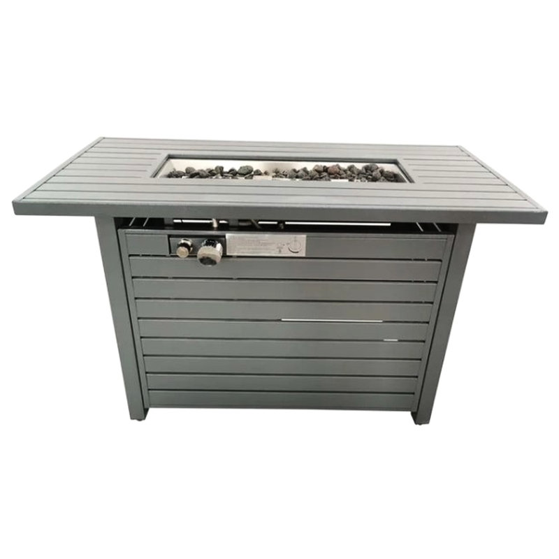 Table de foyer d'extérieur grise grise, H 25 po x l 42 po, cadre de temps de combustion de 50 000 po, acier inoxydable, réglable au propane / gaz naturel, périodicité d'ornement extérieur moderne,