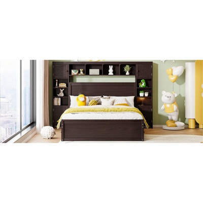 Grand lit avec structure et accents en bois massif - Armoire intégrée, support de tablette