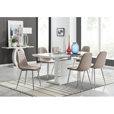Renne Modern High Gloss Extendable Dining Table Set With 6 Luxury Faux Leather Dining Chairs