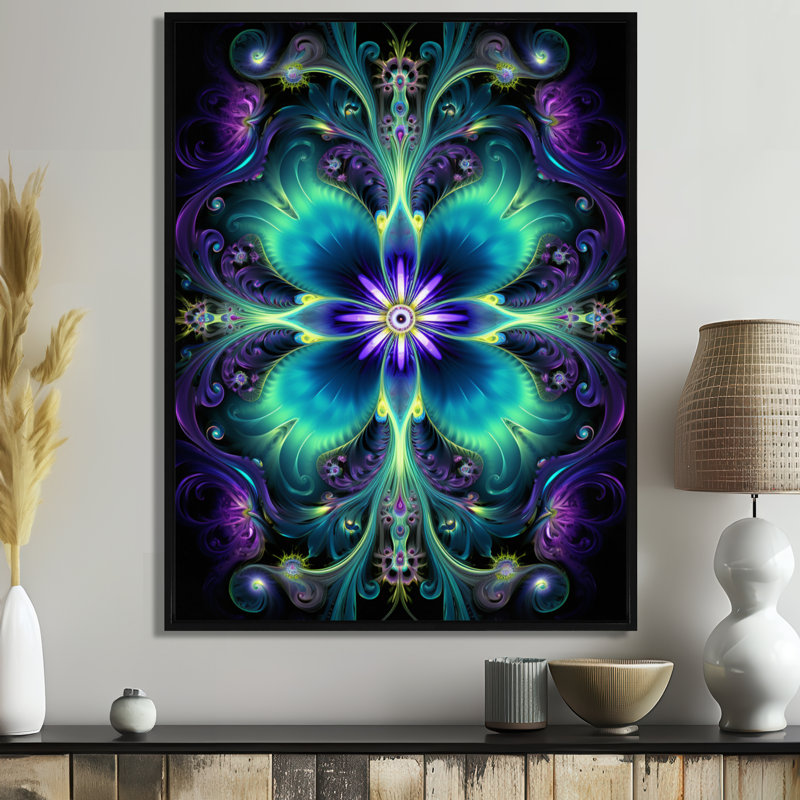 Turquoise néon fractal fleurs I - Boho Mandala Wall Art, Toile avec cadre flottant noir, H 20 po x l 12 po x P 1 po