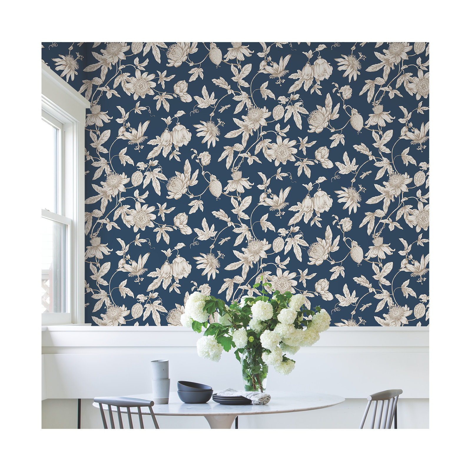 Passion Flower Toile Floral Wallpaper, Navy