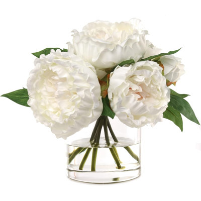 7-frond Elegant White Peony Arrangement In Clear Glass Vase Realistic Artificial Flower
