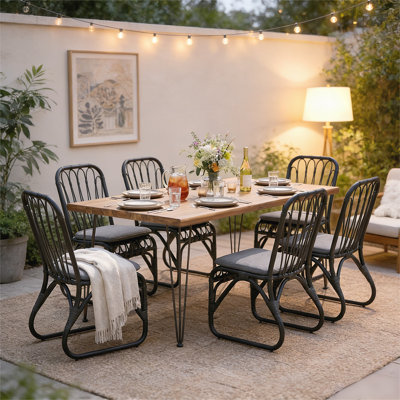 Ensemble de salle à manger 7 pièces pour 6 personnes, table rectangulaire en bois d'acacia et chaises en rotin, mobilier de patio moderne de 72 pouces