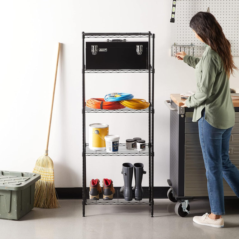 Étagère de rangement robuste et polyvalente en acier à 5 tablettes, facile à assembler, P 13,4 po x l 23,2 po x H 60 po, noir
