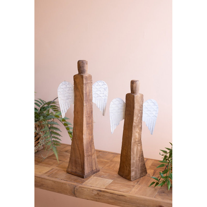  Ensemble de 2 statues ange en bois vieilli, 17 po