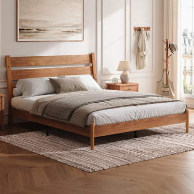 Mid-Century Modern Solid Wood Platform Bed with Slatted Headboard