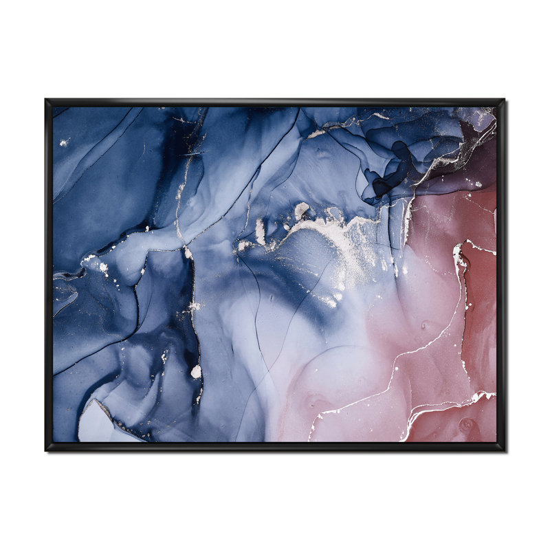 «Blue and Pink Marble Ink Clouds V», peinture sur toile, H 16 po x l 32 po x P 1 po, Cadre flottant noir