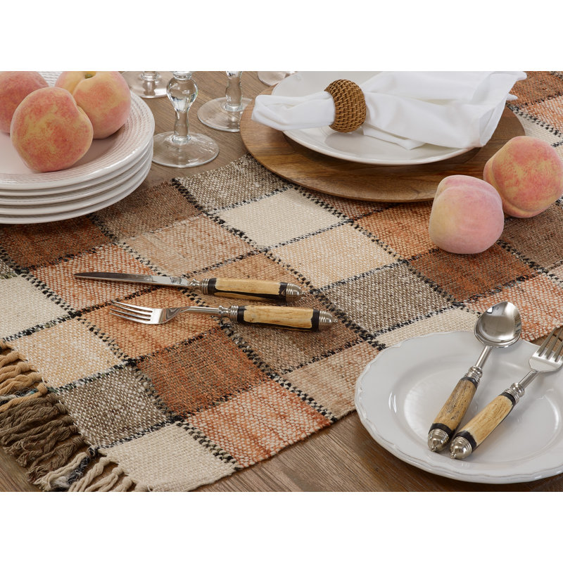 Natural Checkered Cotton Table Runner with Fringe, 16" x 72"