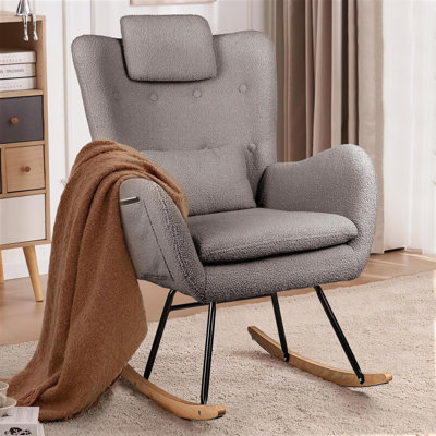 Kahmar Teddy Fabric Nursery Rocking Chair with Side Pocket, High Backrest Indoor Accent Chair -  George Oliver, E0E9F2B8CD9D41788833317CF5522E69