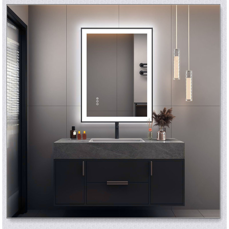 Miroir de salle de bain à DEL avec éclairage avant et rétroéclairé, antibuée, 3 couleurs, lumière à intensité variable et verre trempé