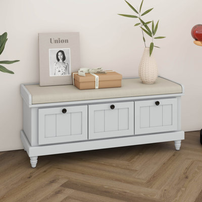 Banc à chaussures avec coussin et trois tiroirs, banc de rangement avec compartiment de rangement caché, banc d'entrée cannelé avec rangement