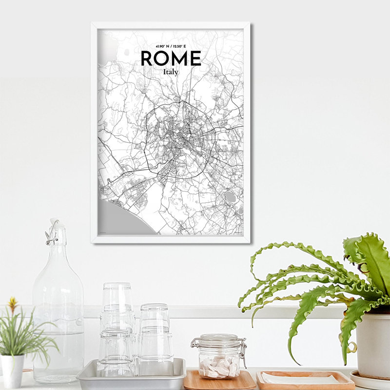 Rome, carte de la ville, impression dans la nature, H 27,6 po x l 19,7 po, Gris / blanc