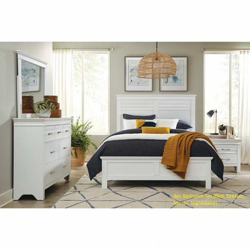 Lit à panneau avec tête et pied de lit en bois, Blanc, Queen