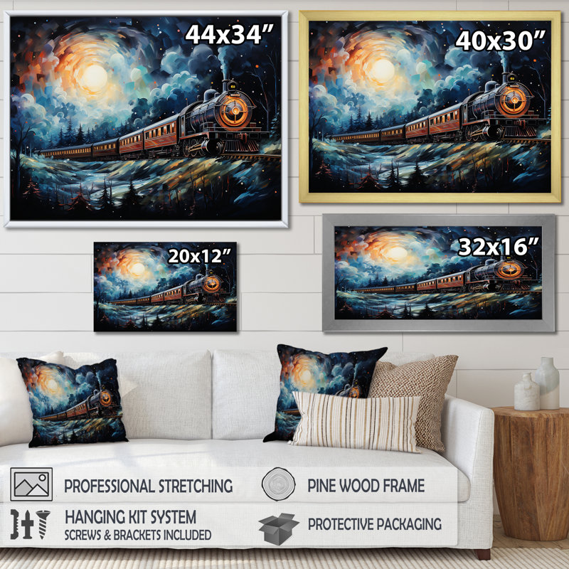 «Orange Moonlight Countryside Train Journey III» - art mural train, Cadre d'angle fermé noir, H 16 po x l 32 po x P 1 po