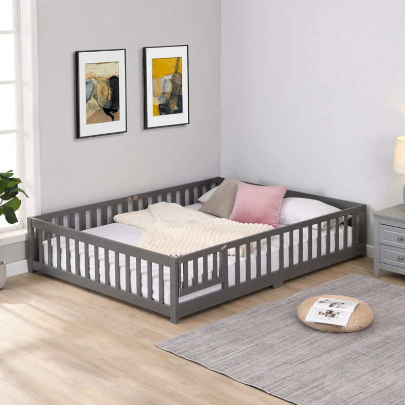 Lit de plancher avec porte, cadre de lit plateforme avec clôture, Gris, Lit double