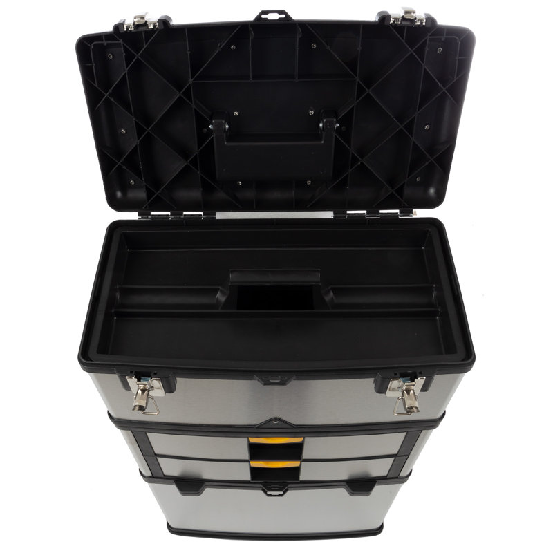 3-Part Portable Tool Box - Stainless-Steel Drawer Organizer with Wheels, Extendable Handle and Tough Latches - Rolling Tool Chest by Stalwart (Silver)