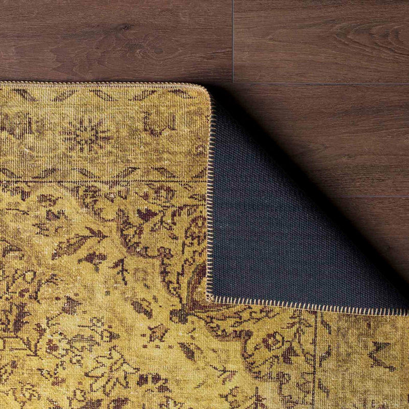 Tapis oriental jaune / brun en polyester tissé à la machine Hackett, Rectangle 6 pi 11 po x 10 pi 2 po
