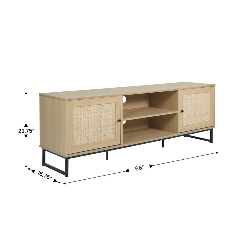 65" TV Stand With Rattan Accented Storage Doors, Natural Wood