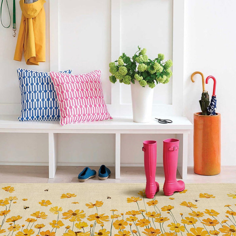 Farmhouse Kitchen Rug Set Of 2 - Yellow - Hello Sunshine Floral Mats, Non-Slip Washable Floor Rugs For Spring/Summer Kitchen Decor