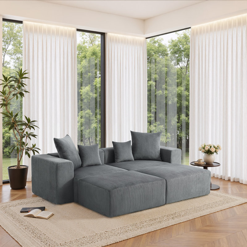 4-Piece Upholstered Corduroy Modular Sectional Sofa with Movable Ottoman – Fully Compressed, No Assembly Required, Grey