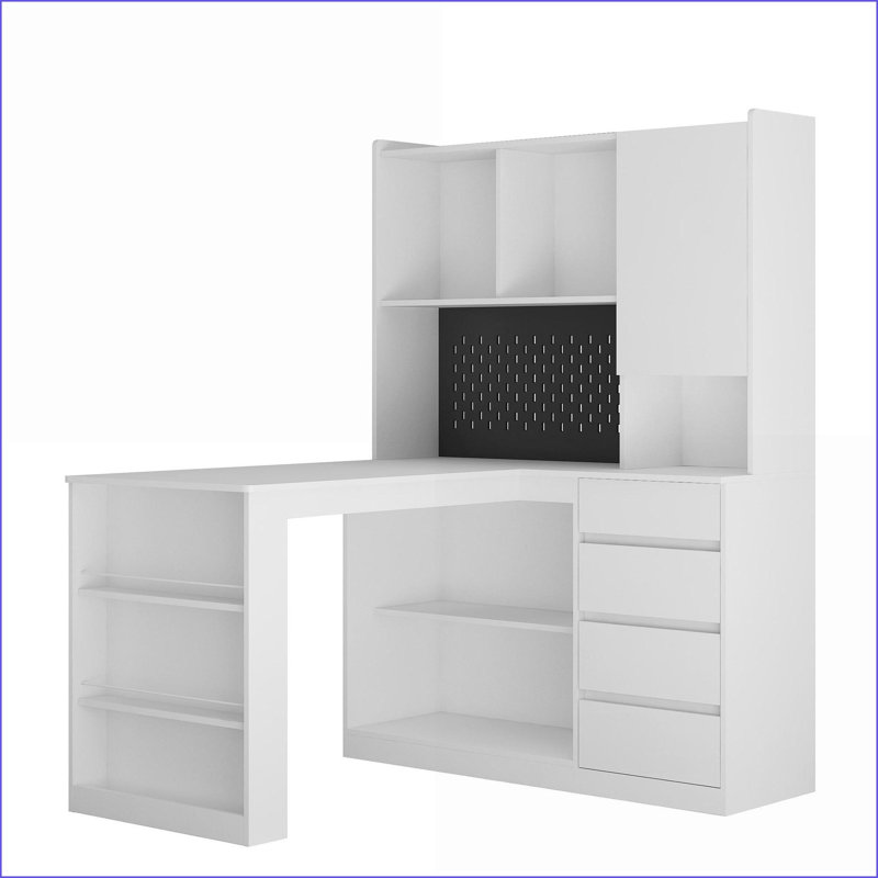 Bureaux, bureau d'angle moderne en L avec station de charge, rangement, lumière DEL | Blanc | Panneau de fibres à densité moyenne