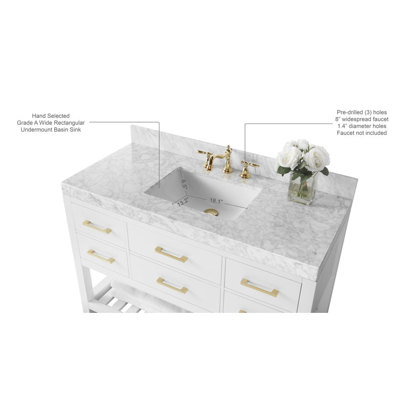 Elizabeth 48'' W Single Vanity, Carrara White Marble, White/Brushed Gold