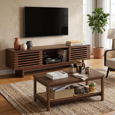 Living Room Table Set of 2, Contains 63 Inch TV Storage Cabinet Fits Up To 70 Inch Televisions, Farmhouse Coffee Table With Storage Shelf For Bedrooms, Brown