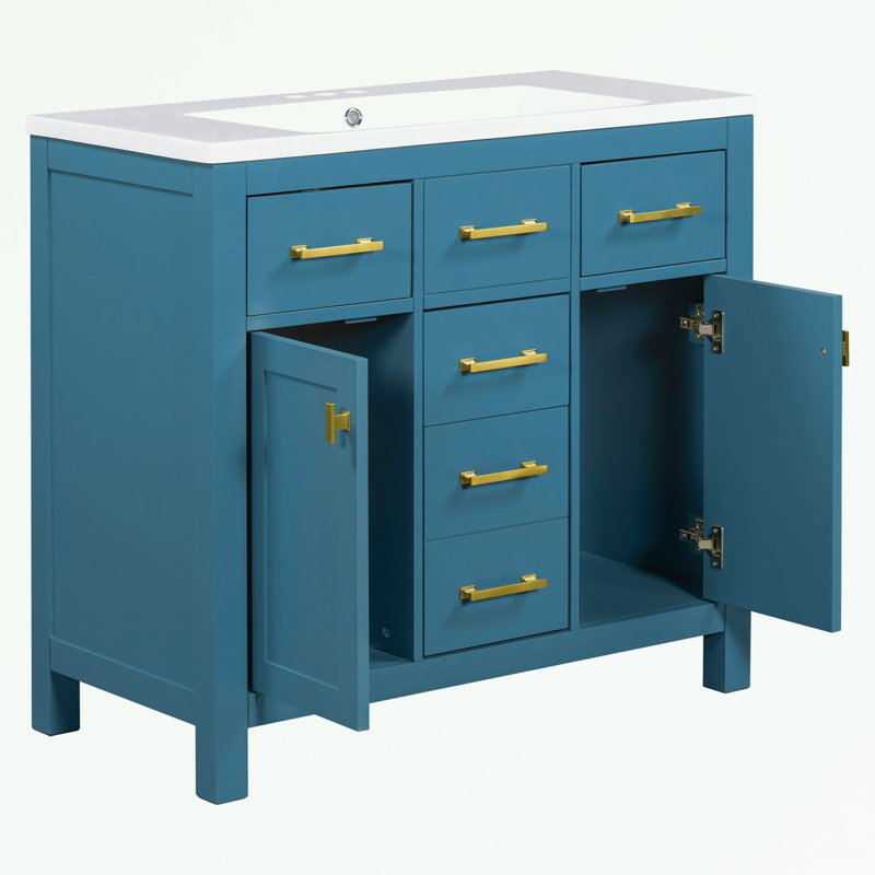 Ensemble de meuble-lavabo Bathroon avec lavabo en résine, 4 tiroirs et 2 armoires, Bleu