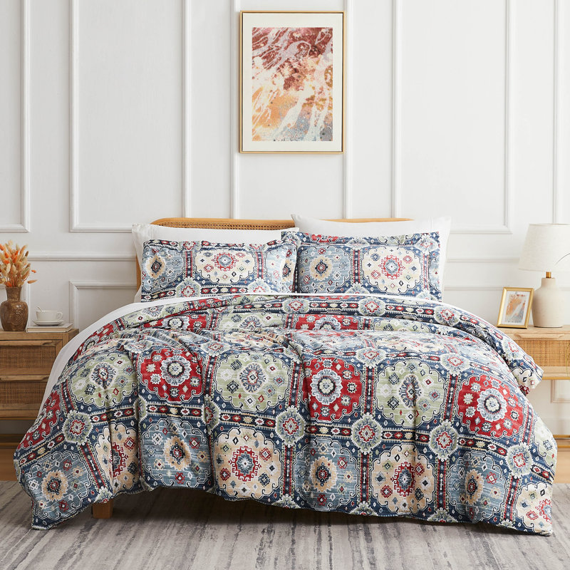 Ensemble de housse de couette surdimensionné Kilim, Housse de couette pour très grand lit et 2 très, Bleu/rouge