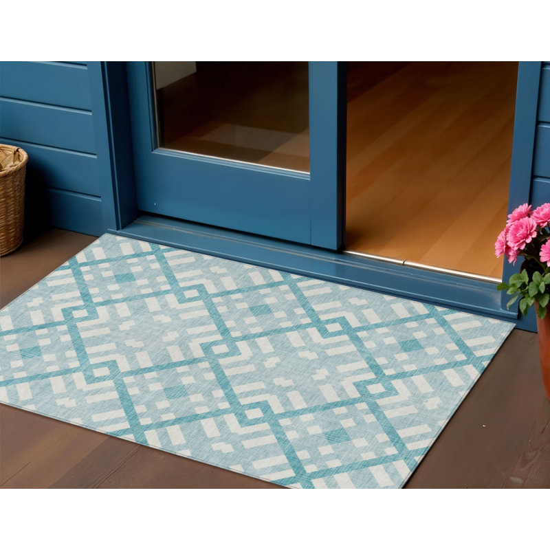 3' X 5' Teal Blue Aqua And Ivory Geometric Washable Indoor Outdoor Area Rug