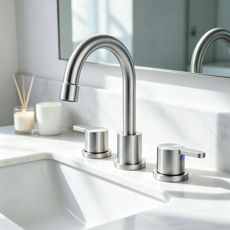 Robinet de salle de bain moderne à large entraxe avec bec pivotant à arc élevé, bonde escamotable et conduites d'alimentation