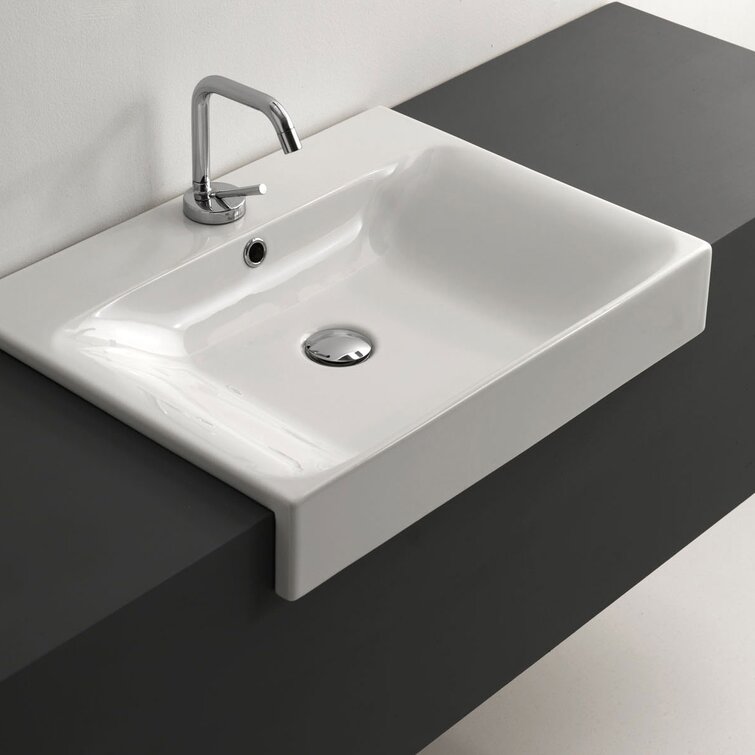 Cento Ceramic Rectangular Semi-Recessed Vessel Bathroom Sink with Overflow